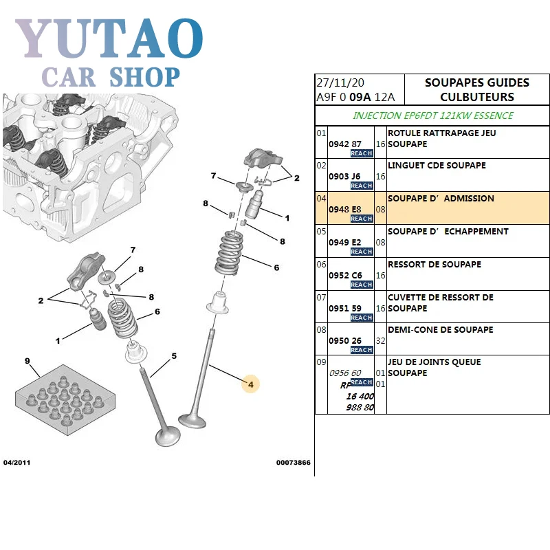 Original factory Engine Intake Valve Exhaust Valve 0948E8 0949E2 Cylinder Combustion Chamber 16 sticks for Peugeot 3008 30