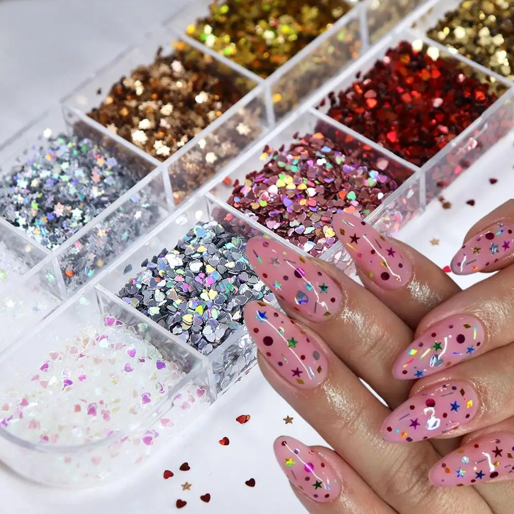 3D Mini Heart/Star Nail Glitter Sequins 12Grids 1mm Holographic Love Pentagram Flakes Nail Art Decorations