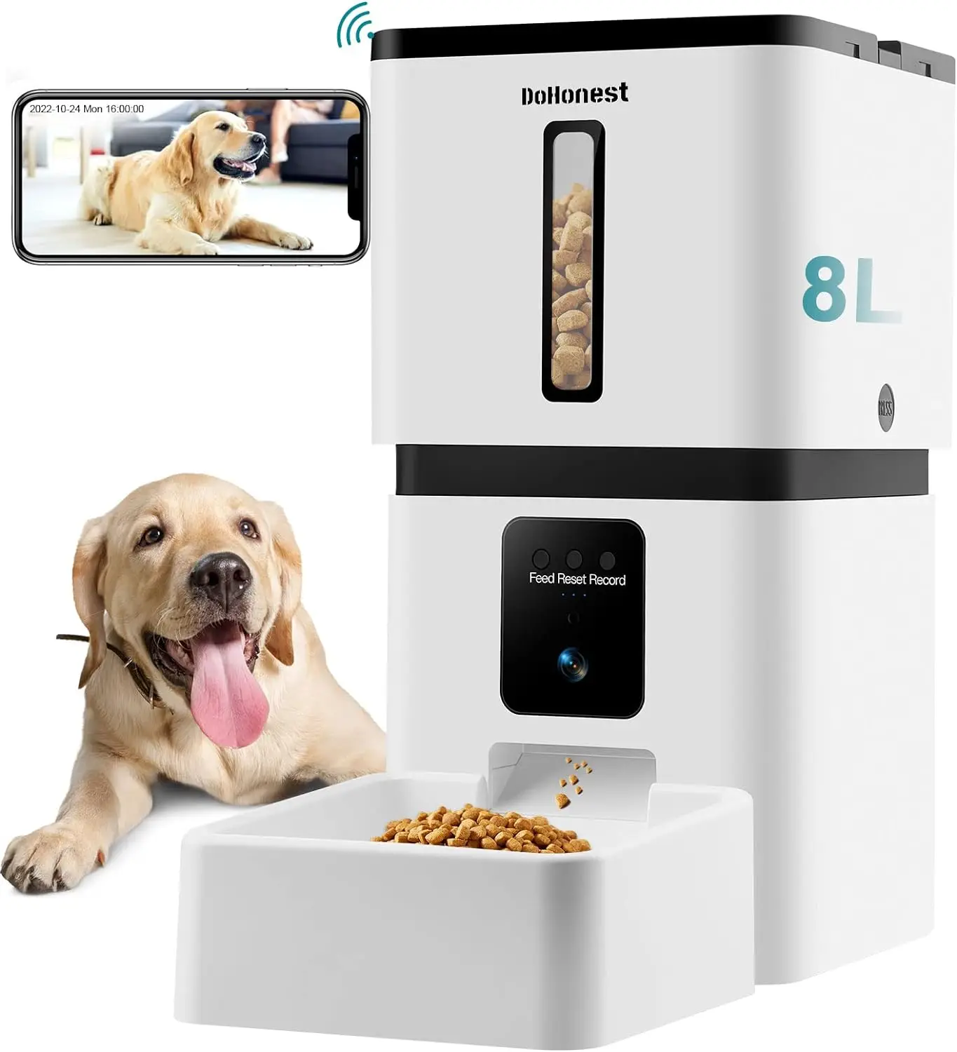 

DoHonest Automatic Dog Feeder with Camera: 5G WiFi Easy Setup 8L Motion Detection Smart Cat Food Dispenser 1080P HD Video Record