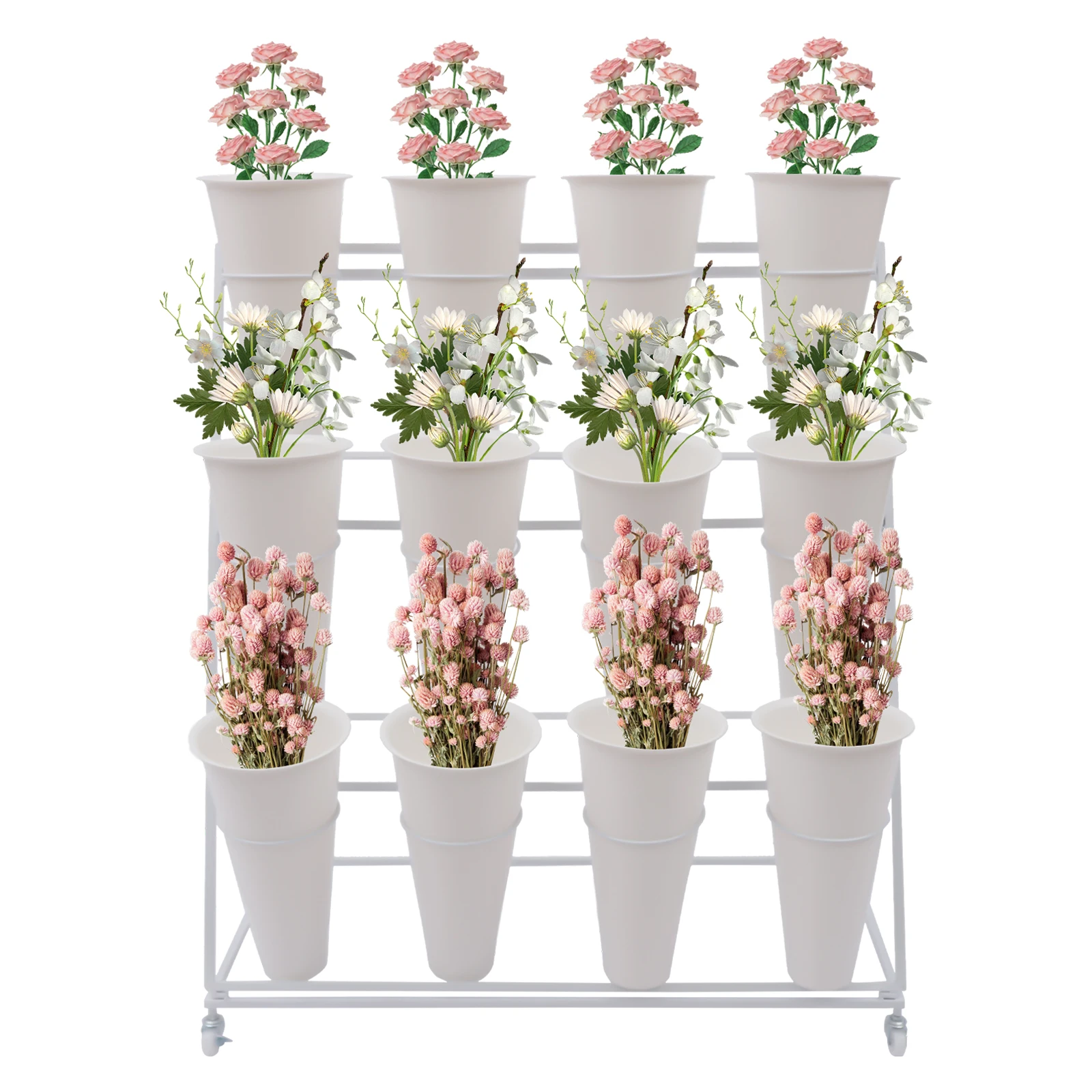 3 Layers Metal Plant Stand with Wheels,Modern Plant Shelf with Flower Bucket,Indoor Outdoor Flower Display Stand Rack