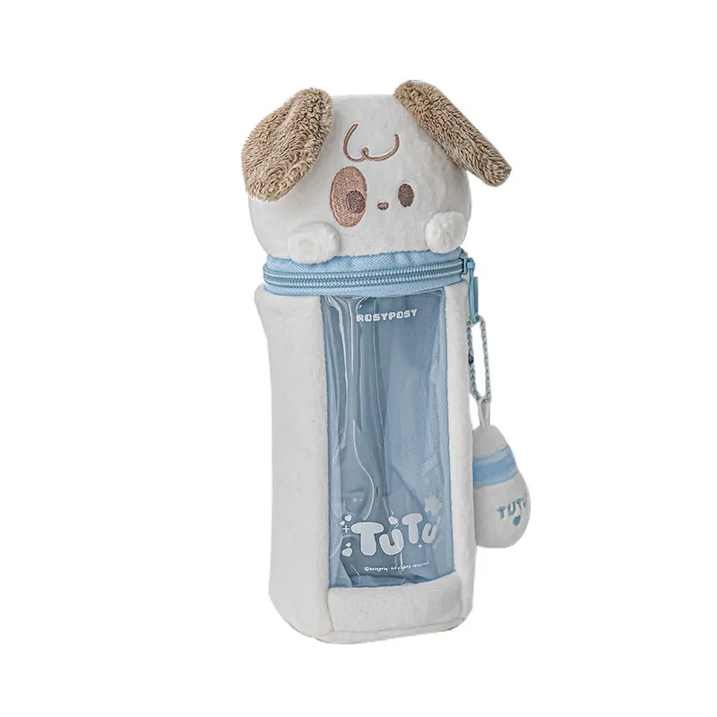 RosyPosy 플러시 고양이가 보이는 투명 펜 가방, 창의적인 개 모양 지퍼 펜 버킷, 대용량 연필 케이스, Planwith 1 개