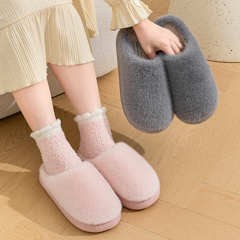 Winter Unisex Concise Solid Color Flat Plush Slippers Non-slip Warm Fluffy Mule Slides For Women Men Home Casual Cotton Shoes 2