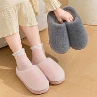Winter Unisex Concise Solid Color Flat Plush Slippers Non-slip Warm Fluffy Mule Slides For Women Men Home Casual Cotton Shoes 2