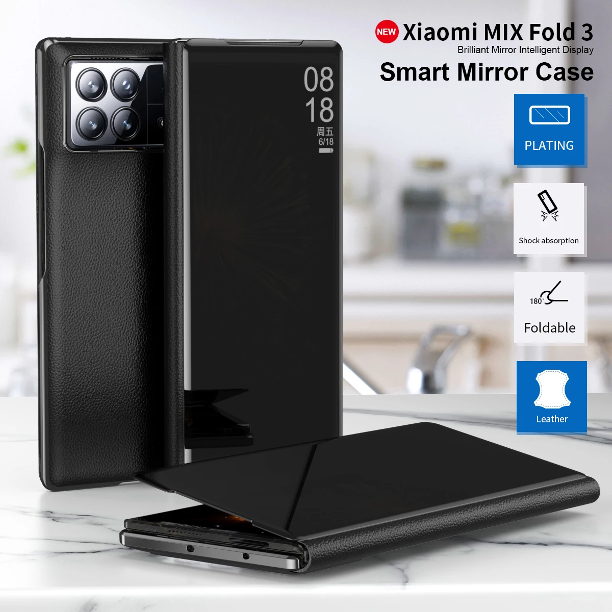 Smart Window Phone Case For Xiaomi Mix Fold 3 Plating Mirror Magnetic Suction Bracket Leather Shockproof Anti-drop Cover