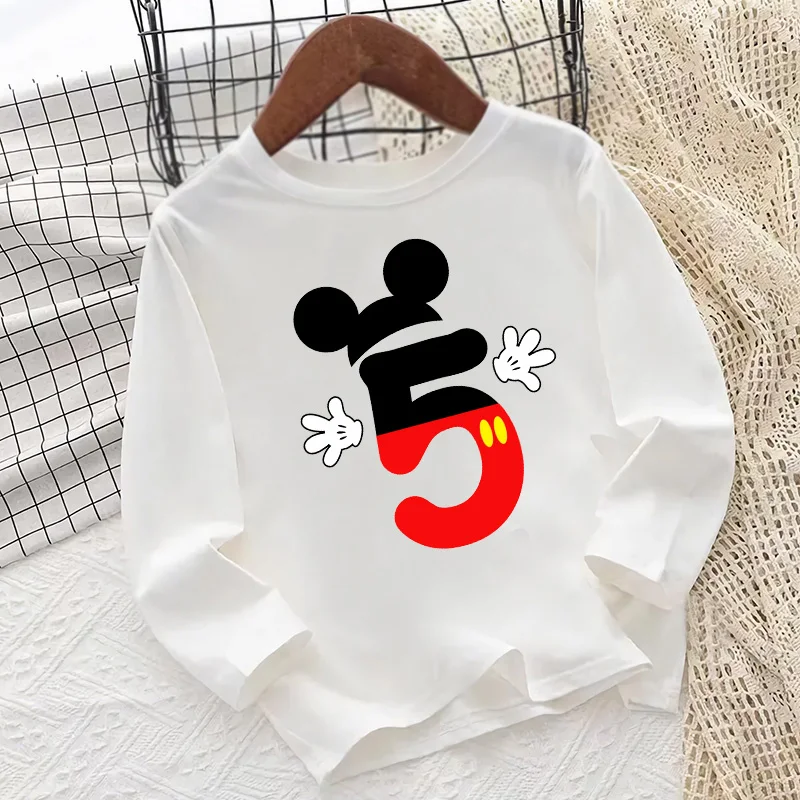 미키 마우스 숫자 리본 프린트 키즈 티셔츠 1 2 3 4 5 6 7 8 9세 생일 축하 긴팔 여아 의류  남아 티셔츠