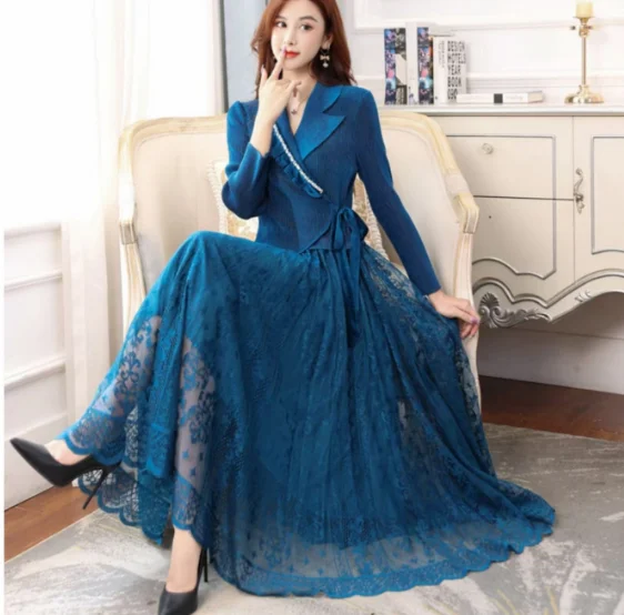 

Miyake Pleated Dress 2023 New Women's Loose Large Sleeve Waist Wrap Dress Suit Collar Mesh Splice Slim A-line Long Dress
