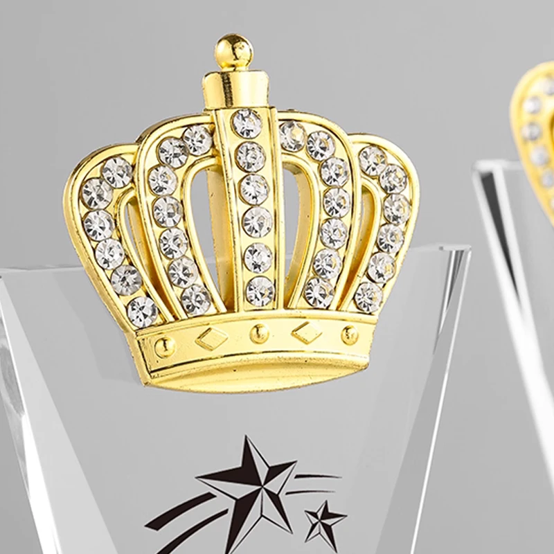 Customized Transparent Crystal Trophy Excellent Staff Company Annual Meeting Award, Home Decoration Outstanding Metal Crown, 1Pc