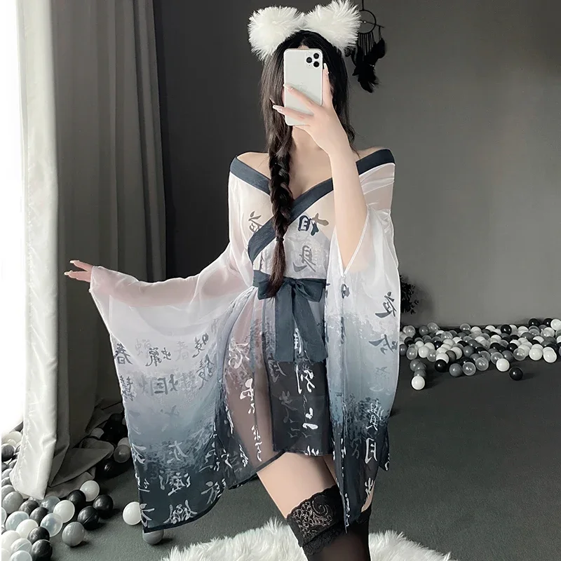 Japanese Kimono Women Sexy Lingerie See Through Mesh Nightgown Perspective Bathrobe Pajama Temptation Nightwear Robes