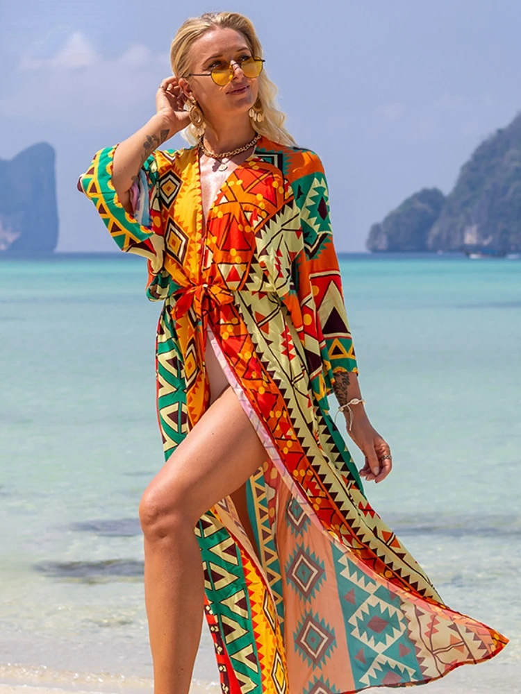 Swimsuit Cover Up Printed Kimono for Sea Boho Coverup Long Luxury Beach Outings Belted Swimwear Cape Holiday Bathing Suits Sales 1