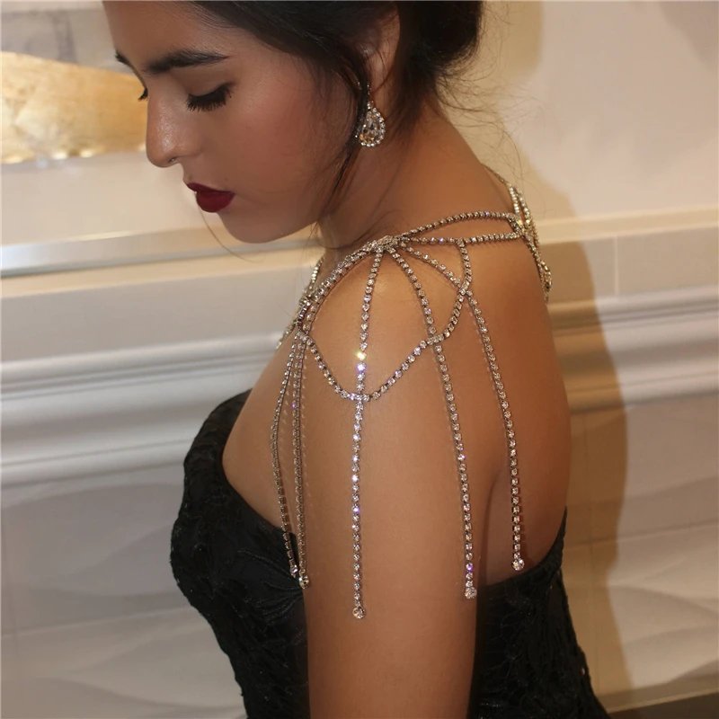 INS Fashion Luxury Sparkling Rhinestone Body Chain Boho Bride Wedding Bling  Crystal Shoulder Chain Exquisite Jewelry Wholesale