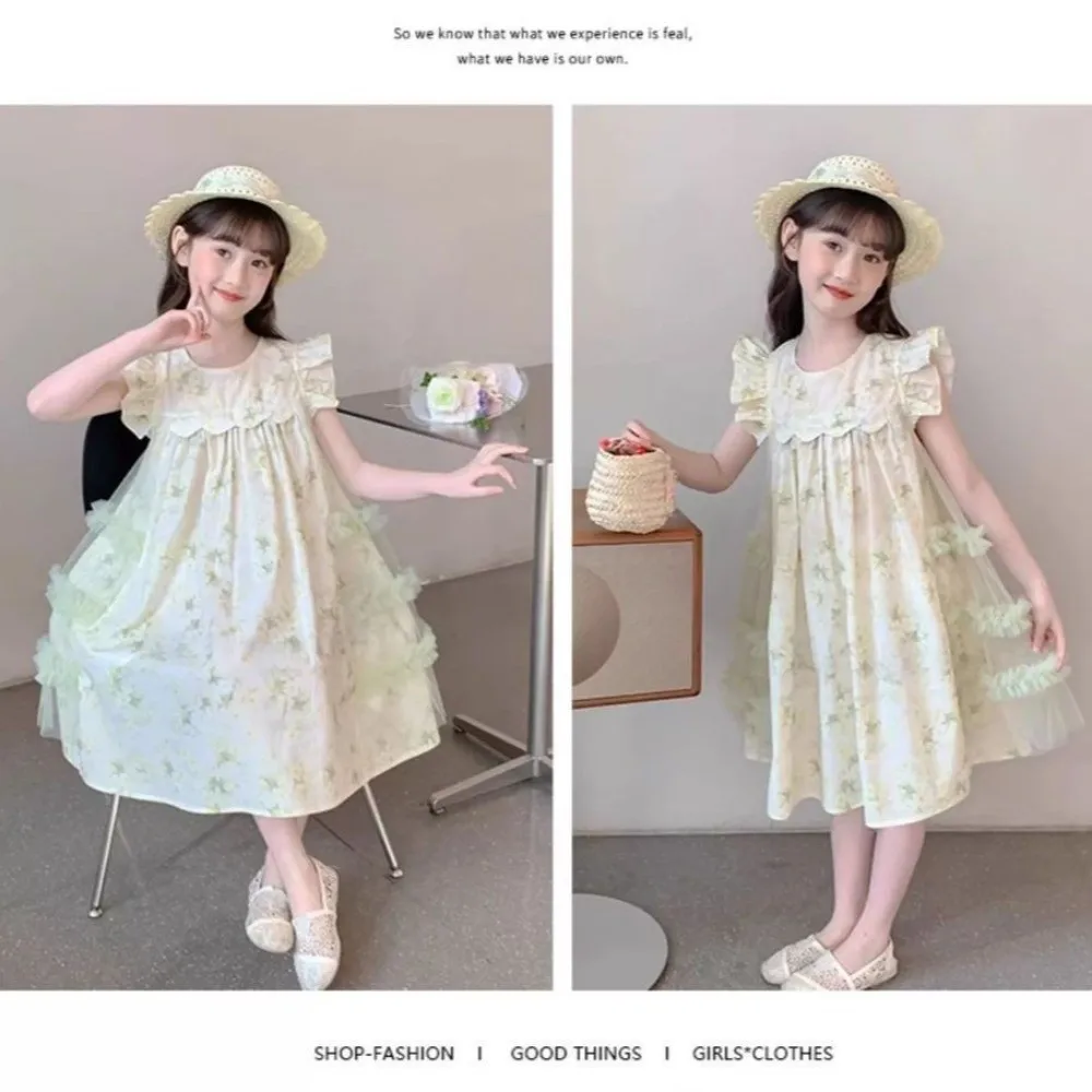 Floral Print Pleated Kids Ruffles Mesh Dress Sleeveless Round Neck Girls Puff Sleeve Skirt Loose Flower Lace