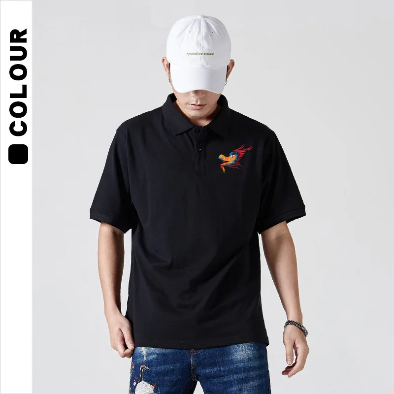 

2023 Summer Tide Brand National Style Large Embroidered Polo Shirt Men Short Sleeve Loose Trend Lapel T-shirt Polos Para Hombre
