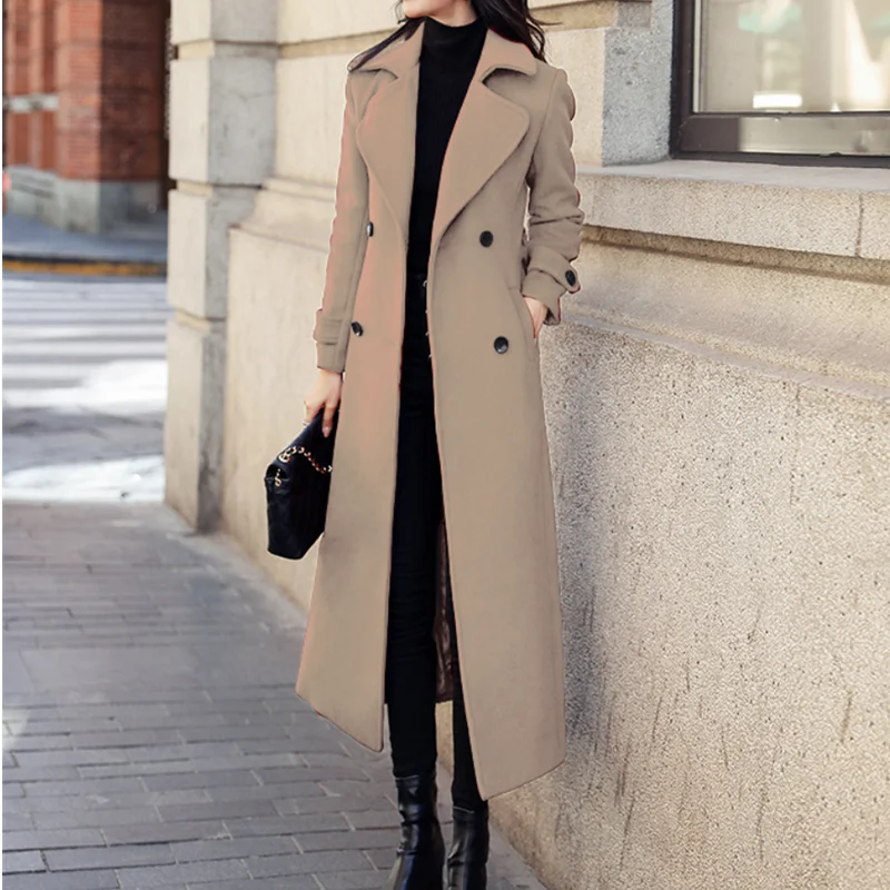 Winter Woolen Coat Long Womens Trench X-Long Double-breasted Coats With Belt Lapel Warm Streetwear Temperament Tops Jacket S-3XL