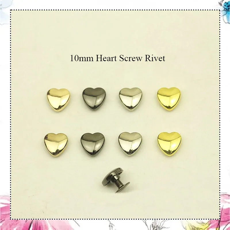 50Pcs 10mm Love Heart Rivet Screw Bag Clothes Hardware Handbag Decorative Studs Button Nail Metal Buckles DIY Accessories