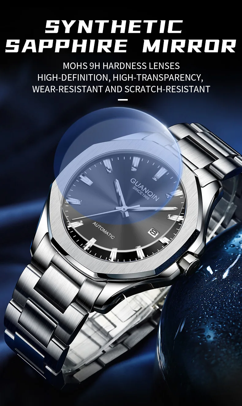 Imported movement(GUANQIN) new watch men's automatic mechanical fashion casual stainless steel waterproof calenda