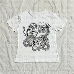 Vintage Gothic Dragon Graphic Harajuku Crop Top - M (Beige)