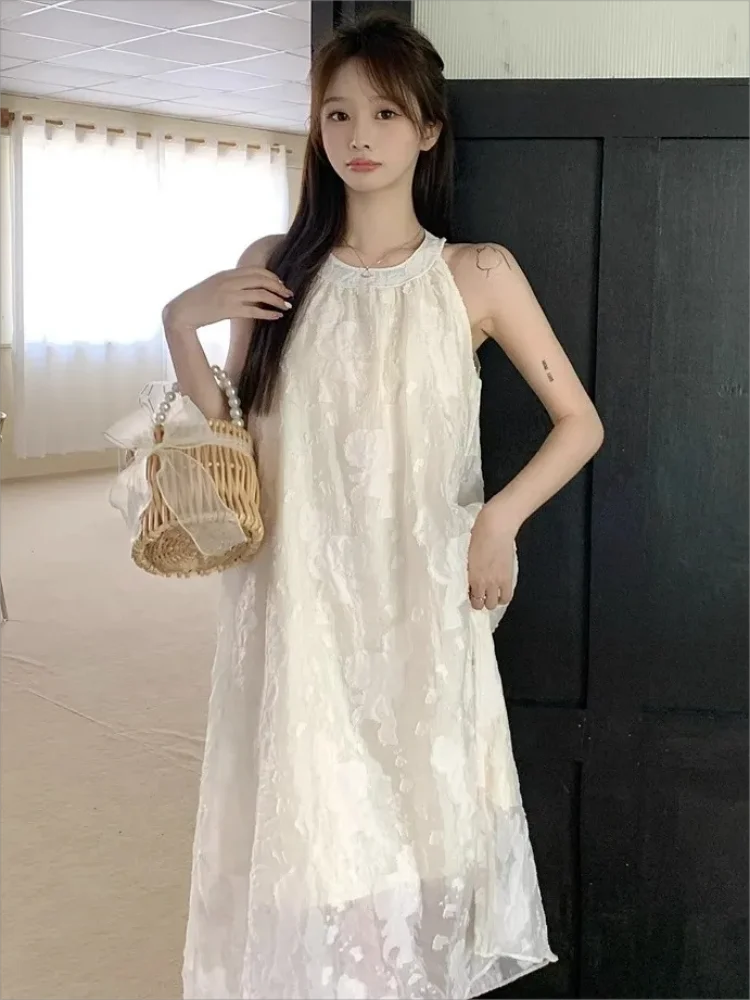 

Summer Loose-fitting Sleeveless Dresses Women Gentle Resort Style Temperament Senior Sense of Medium-length Lace Hooked Dresses