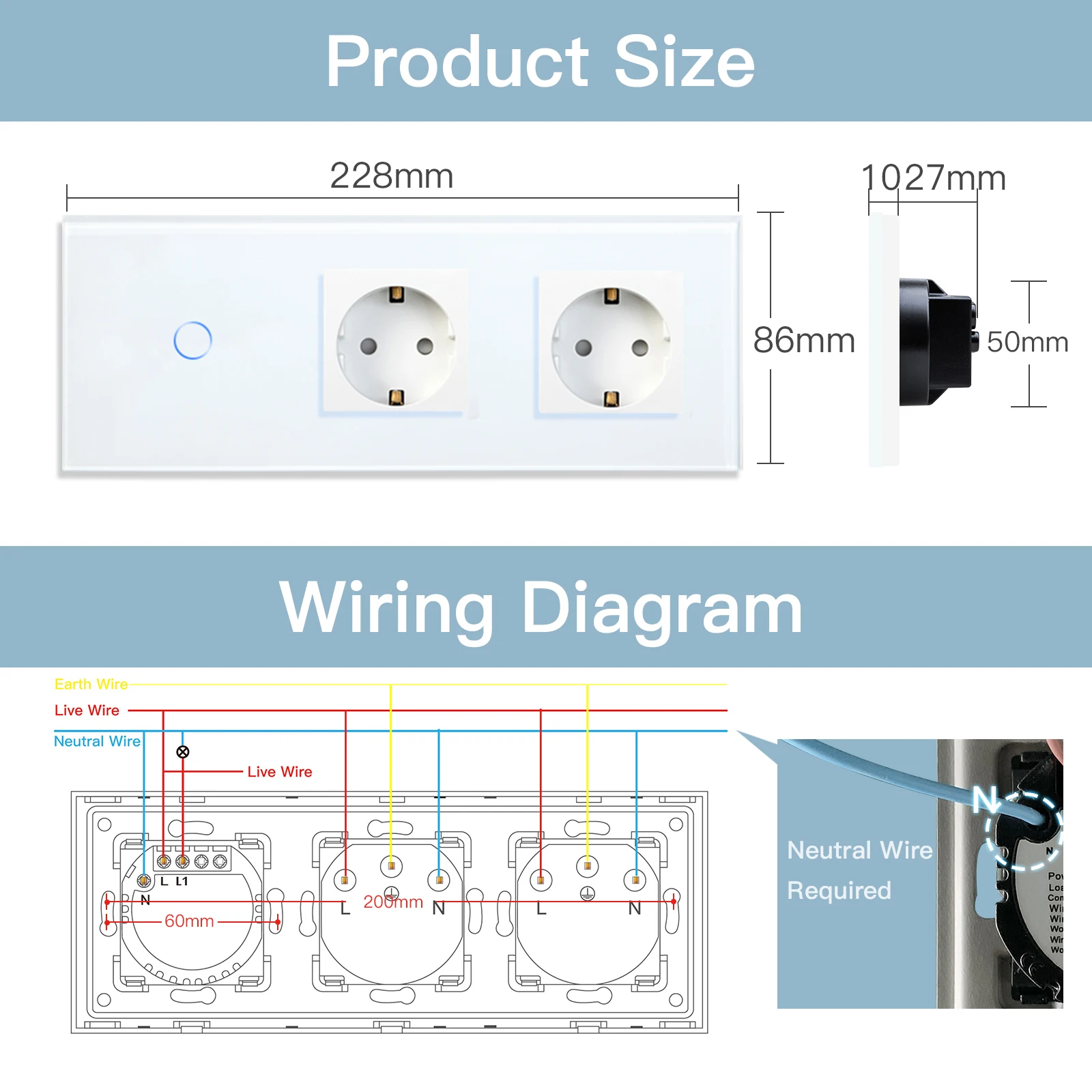 Bseed wifi 1/gang smart touch schalter/3way wand lichtsc halter tuya smart life app steuerung plus steckdosen eu standard