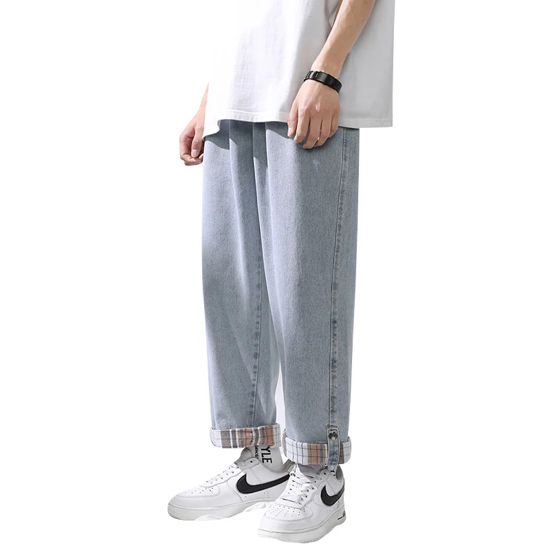 Men's Solid Color Elastic Waist Drawstring Winter New Fashion Trendy Thick Patchwork Pockets Straight Loose-fitting Casual Jeans