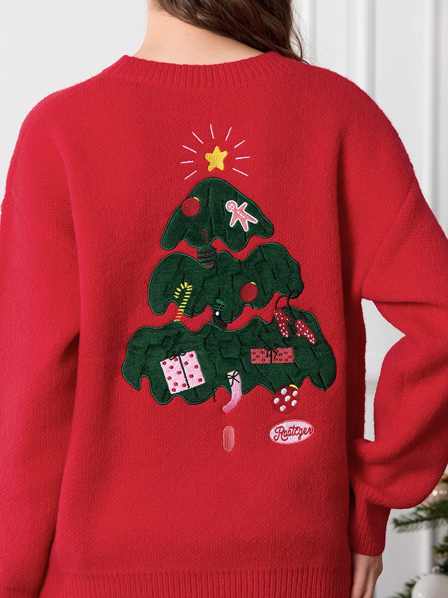 thumbnail image 4 of Suéter de árbol de Navidad para mujer, rojo/verde, hombros caídos, manga larga, cuello redondo, suéteres de punto sueltos acanalados, prendas de punto de invierno, 4 of 5