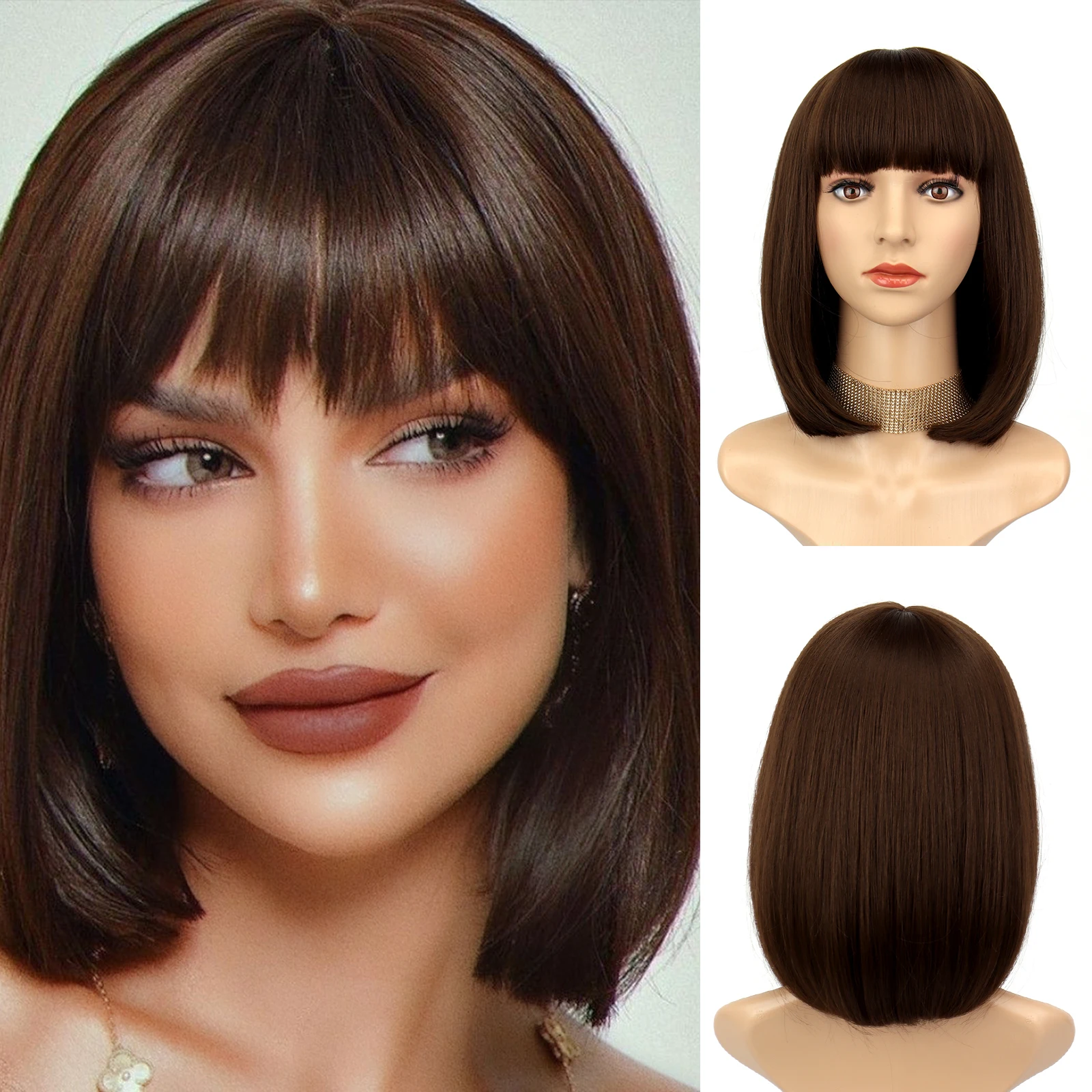 Short Straight Hair Women Synthetic Wig Dark Brown Bob  Wigs With Bangs Daily Wear Thermally Resistant Fibre Cosplay Party Wigs