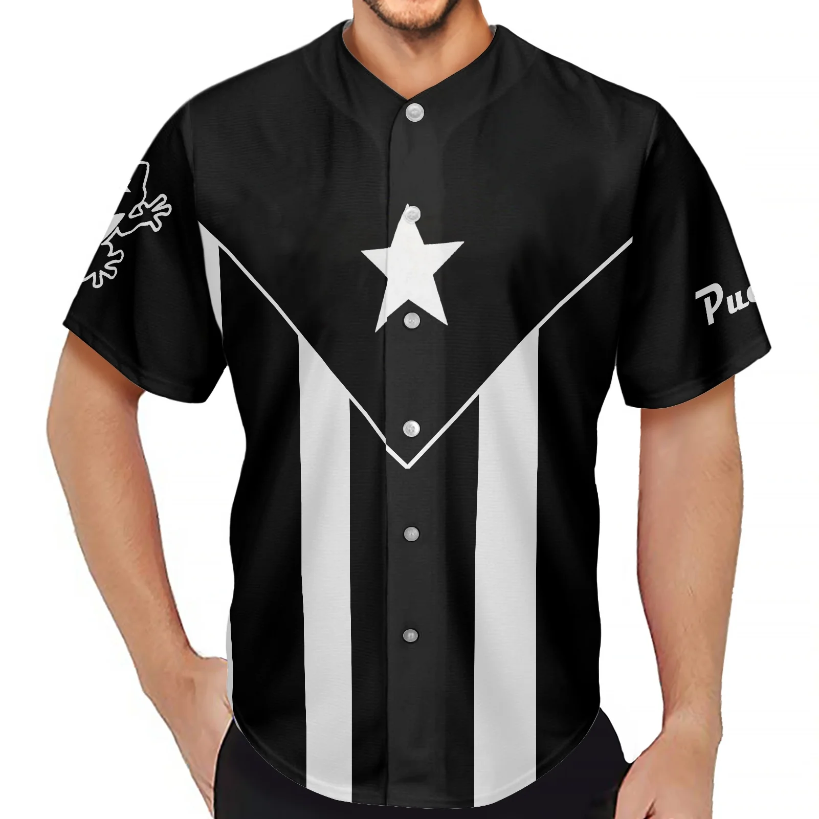 

Black And White Men's POLO Shirts Puerto Rico Flag Print Shirts Summer Large Size Round Neck Single Breasted Baseball Uniform