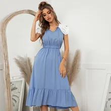 

2022 Lace Stitching Solid Color Women Dresses Spring Summer Elegant Short Sleeve V Neck Beach Maxi Dress Women Casual Dresses