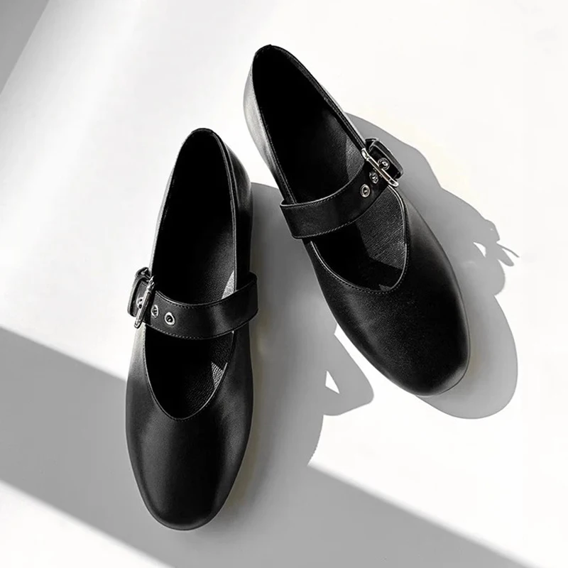 Rivet Strap Buckle Flats Shoes Women Round Toe Mary Janes Solid Leather ...