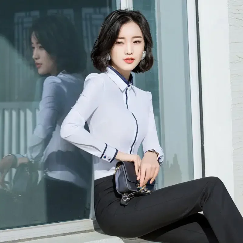 화이트 여성 셔츠 긴 소매 블라우스 버튼 업 셔츠 여성용 공식 셔츠 슬림 한국 패션 작업복 우아한 여성상의