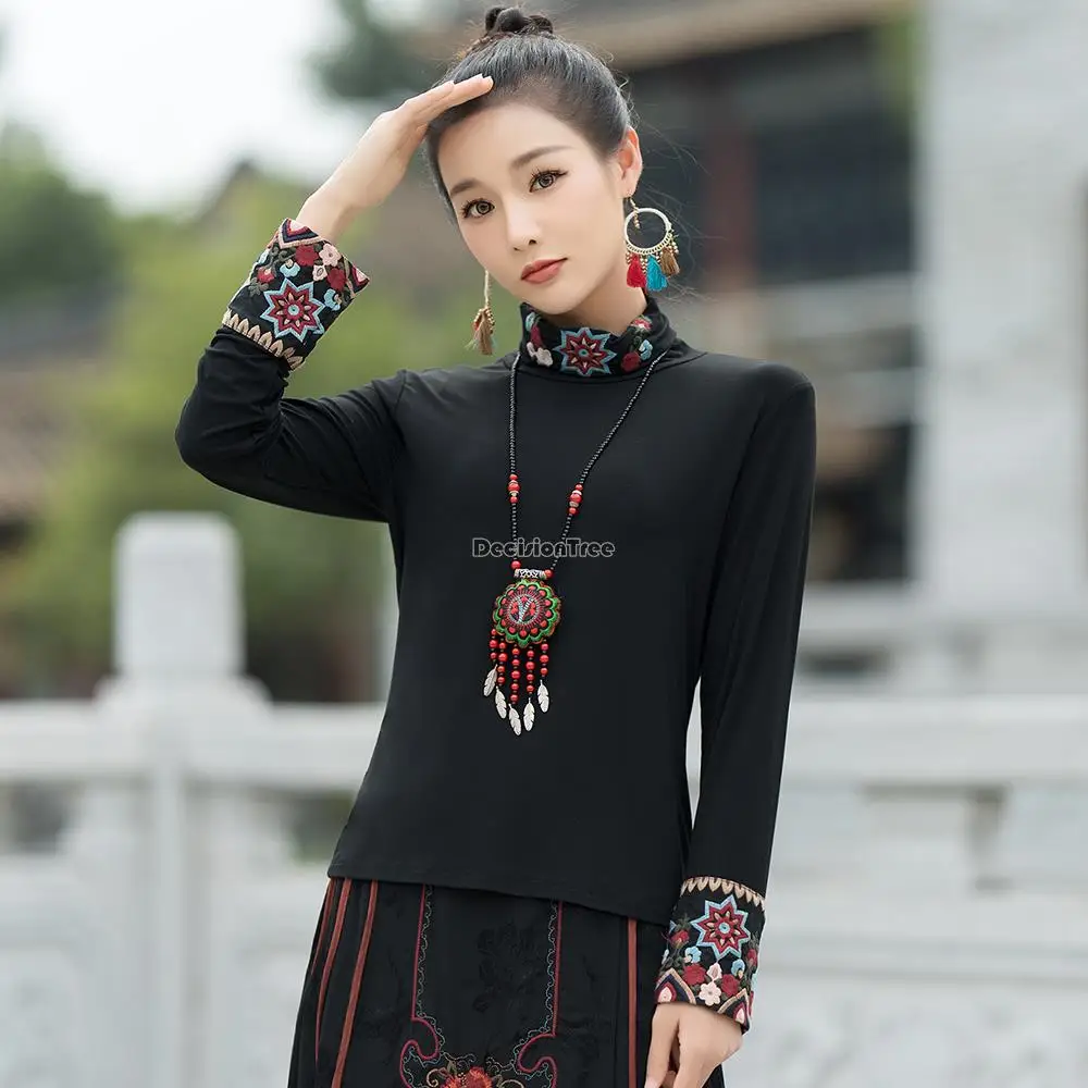 

2023 spring autumn new retro chinese national style modal high neck long sleeve embroidery women slim t-shirt base blouse t001