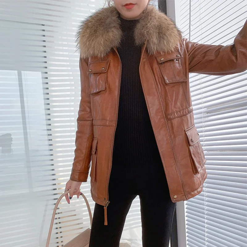 

2023Hot Sale Fashion 80%White Duck Down Women's Down Jackets Real Sheepskin Leather Jacket Women Raccoon Fur Collar Coat F