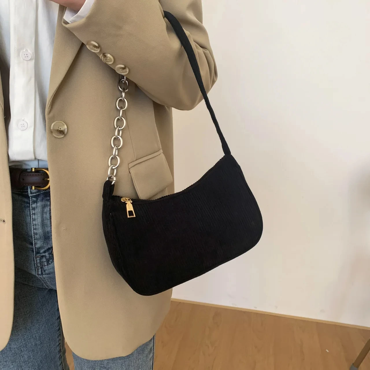 Fashion Vintage Ladies Handbag Corduroy Underarm Bag Casual Shoulder Bag Solid Color Zipper Female