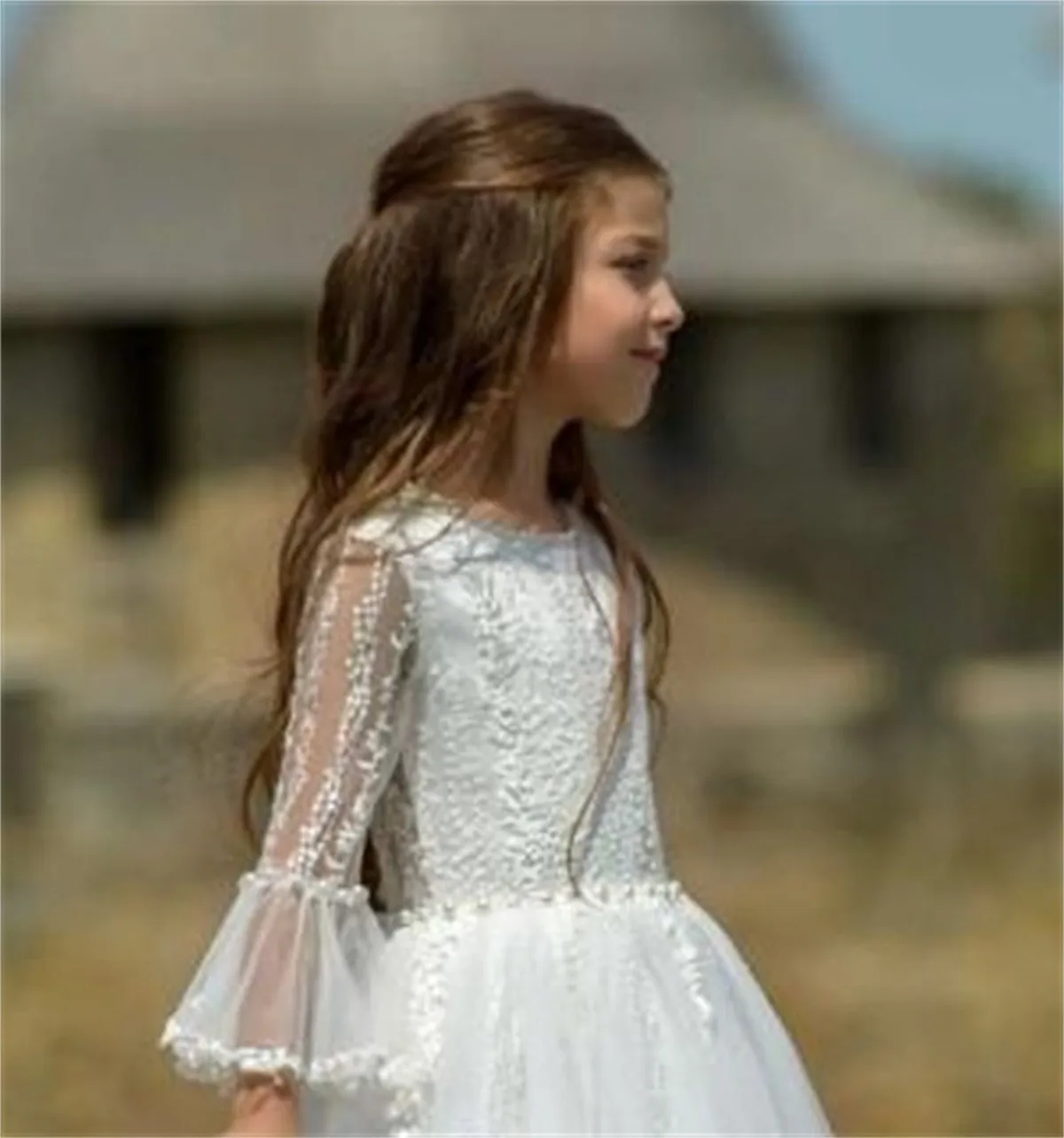 

White Gauze Lace Printing Trailing Princess Flower Girl Dresses Wedding Party Ball First Communion Dresses Dream Kids Gift