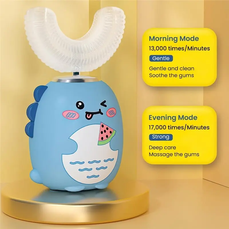KEOL-Kids U자형 전동칫솔, 3가지 청소 모드, 4개의 칫솔모, 360도 ° 자동 칫솔