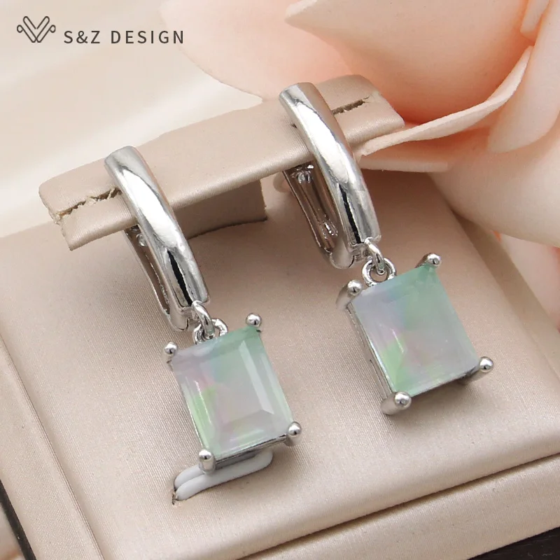 S&Z DESIGN New Fashion Rectangle Imitation Tourmaline Dangle Earrings For Women  Wedding Party 585 Rose Gold Color Jewelry
