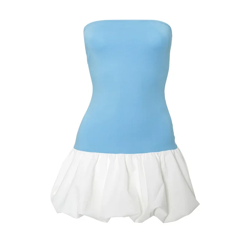 Summer Fashion Ruffled Mini Dress For Women Contrast High Waist Bandeau Patchwork Backless Dress Female Sexy Mini Dress