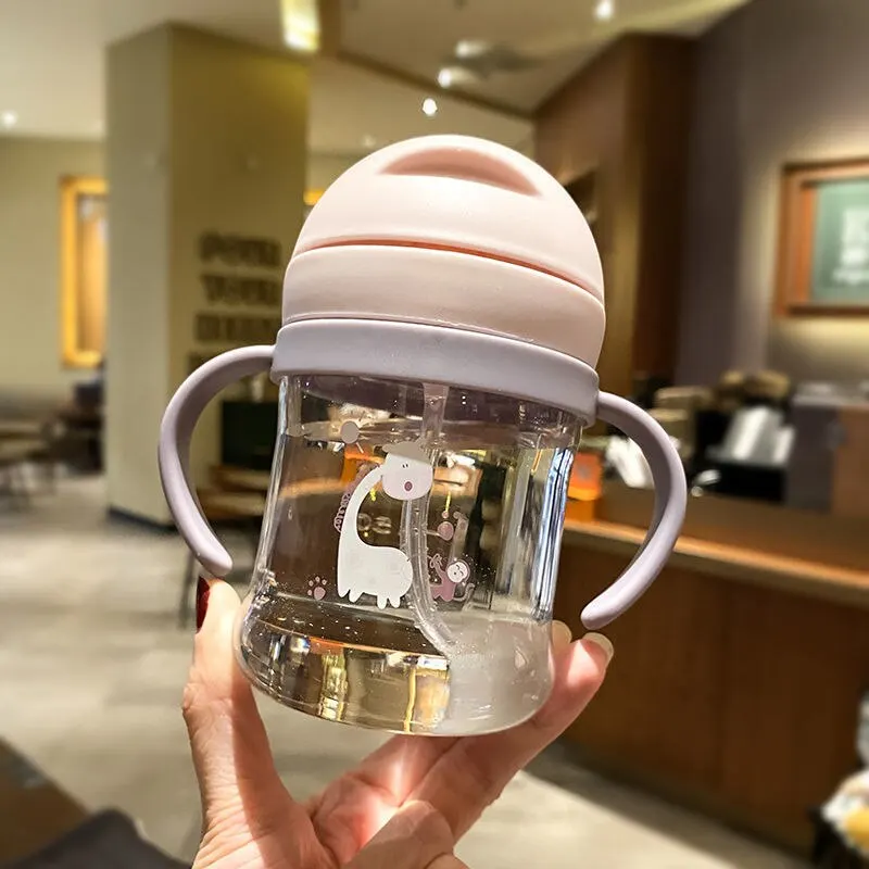 250ml Baby Drinking Cup & Feeding Bottle with Pink Straw Gravity Ball Wide Caliber Handle for Milk & Water