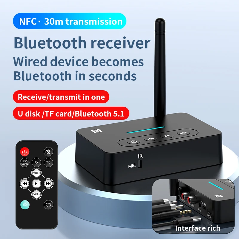 NFC Bluetooth Receiver Transmitter 5.1 Stereo AUX 3.5mm Jack RCA Handsfree Call Mic Wireless Music Audio Adapter TF/USB For TV