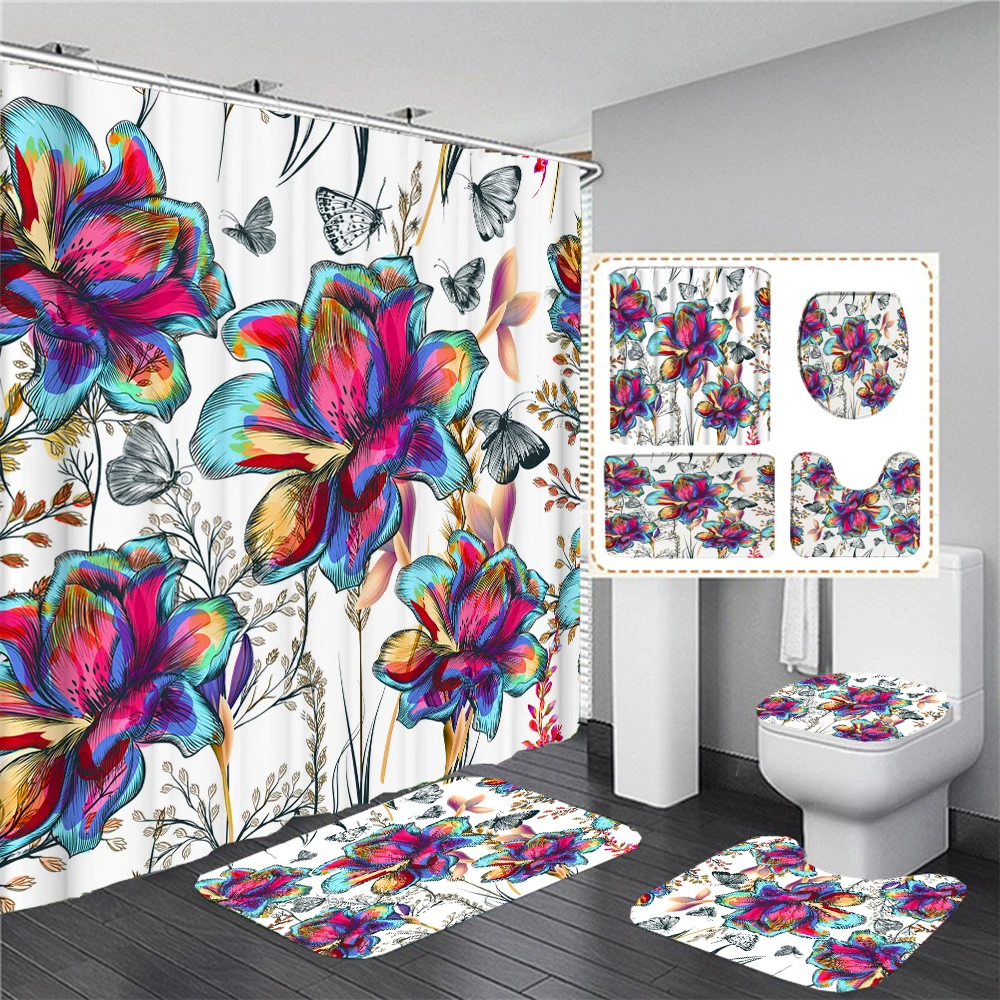 

180*180cm Flowers Fabric Shower Curtain Set Floral Bath Mats Rugs Bathroom Curtains Anti-slip Rug Toilet Lid Cover Carpet Decor