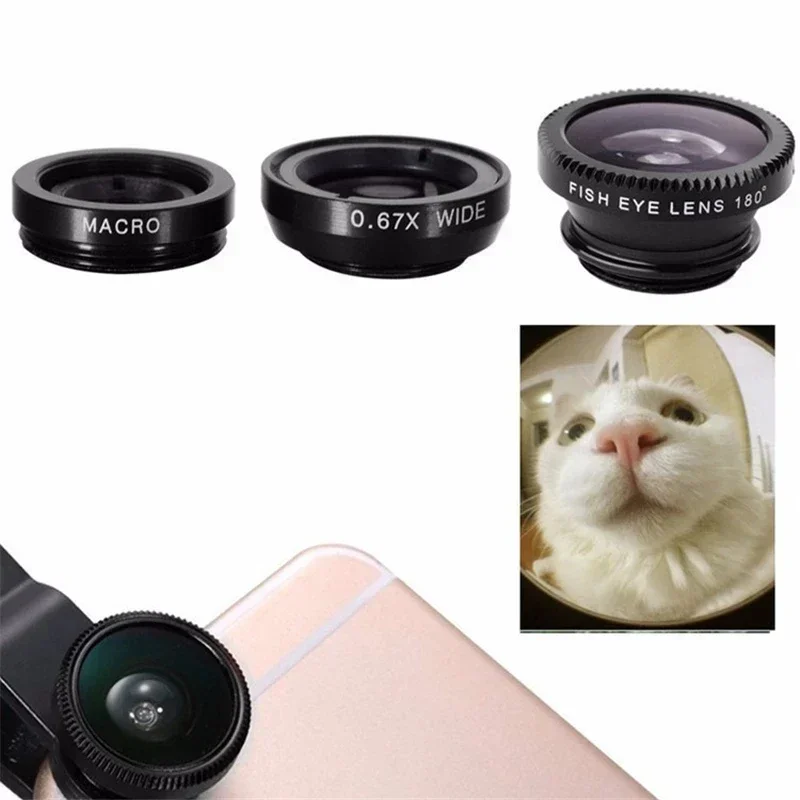 Universal 3-in-1 Smartphone Camera Lens Kit: Fisheye, Wide Angle, and Macro with Clip Attachment