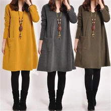  Fashion Women Autumn Winter Vintage Solid Dresses Lady Casual Loose Long Sleeve Pockets Dress Female Oversized Tunic Vestidos 