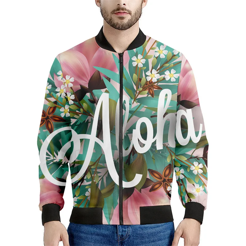 thumbnail image 1 of Chaqueta con estampado de flores coloridas hawaianas para hombre, sudaderas con estampado 3D de plantas tropicales, abrigos de manga larga con cremallera estilo bombardero callejero, 1 of 5