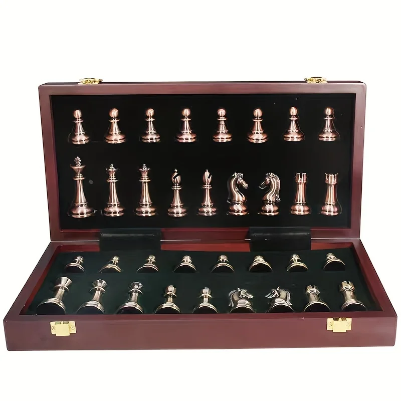 39CM Metal Chess Set 2 Extra Queen Folding Wooden Chess Board Handcrafted Chess Pieces Table Game Travel