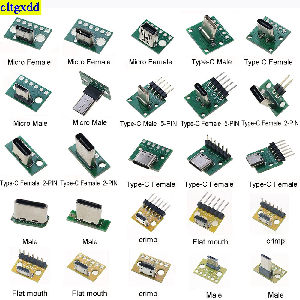 

Micro Mini USB Type C 2Pin 5pin USB 2.0 3.0 Male Female Plug Data Charging Cable Jack PCB with Pin Head 90 Degree Test Board