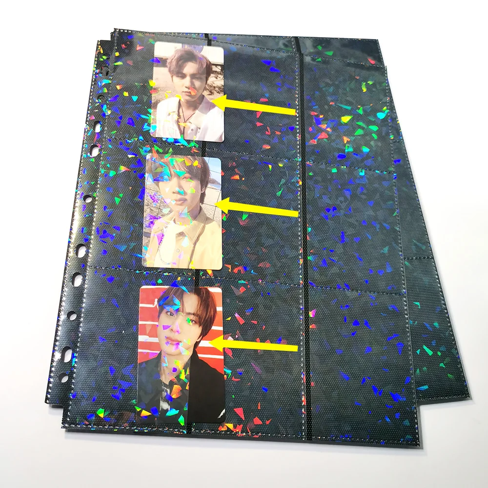 30Pcs 9 Pocket Trading Card Holographic Storage Album Foil Pages 11 Holes Fit 3 Ring Binder Side Loading Laser Idol Card Holder