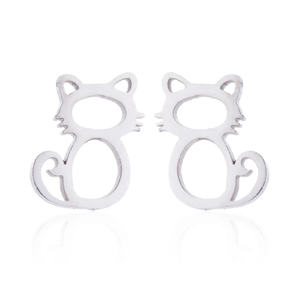 Cute Simple Hollow Out Little Cat Stainless Steel Earring Pendant Necklace Set Hypoallergenic - PeticaDeals