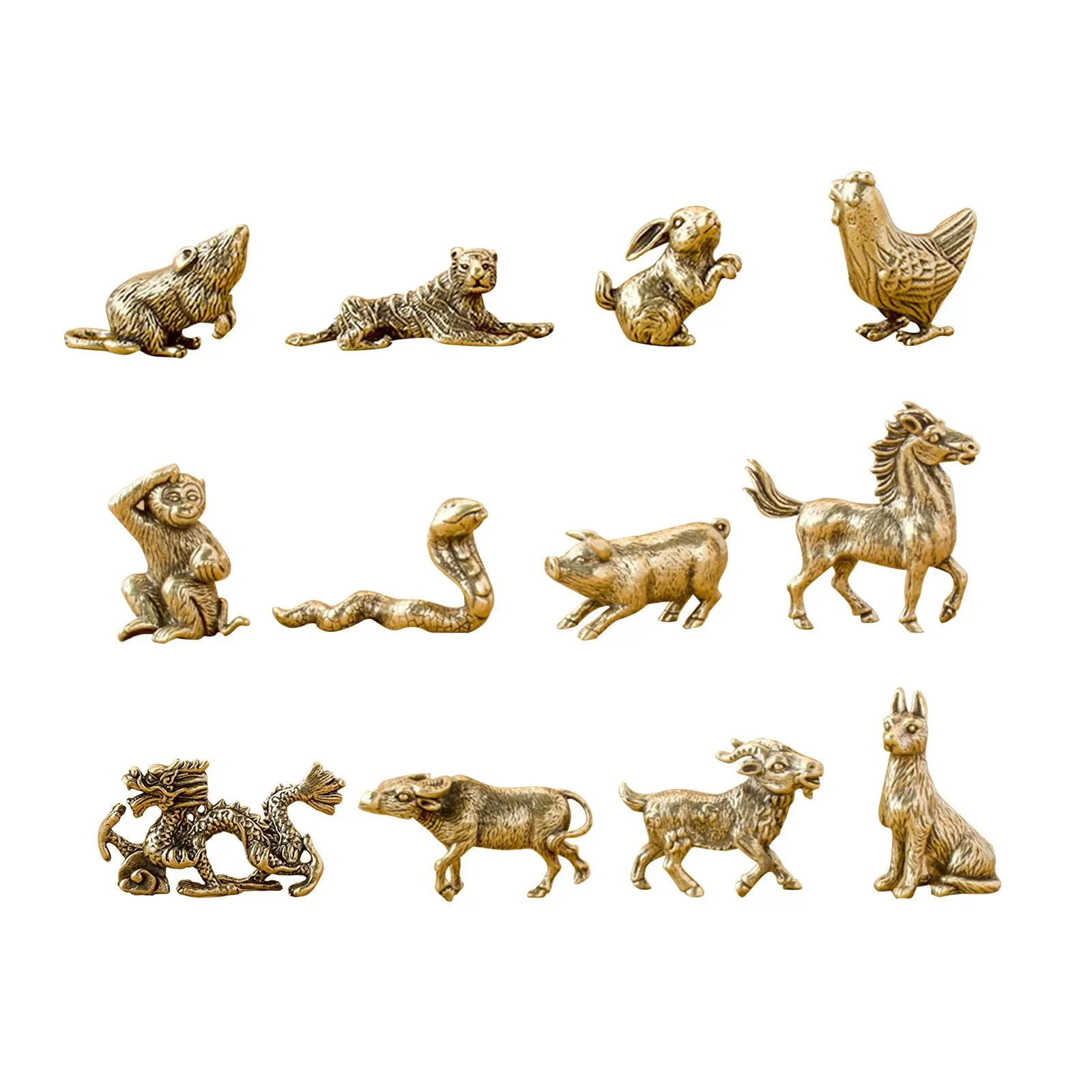 

12Pcs Chinese Zodiac Set Vintage Brass Figurine for Tabletop Bookcase Office