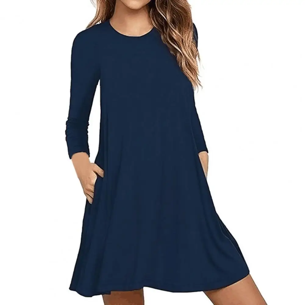 

Womens Autumn Long Sleeve Round Neck Plain T-Shirt Dress Solid Color Pleated Swing Casual Loose Pullover Streetwear with Pockets