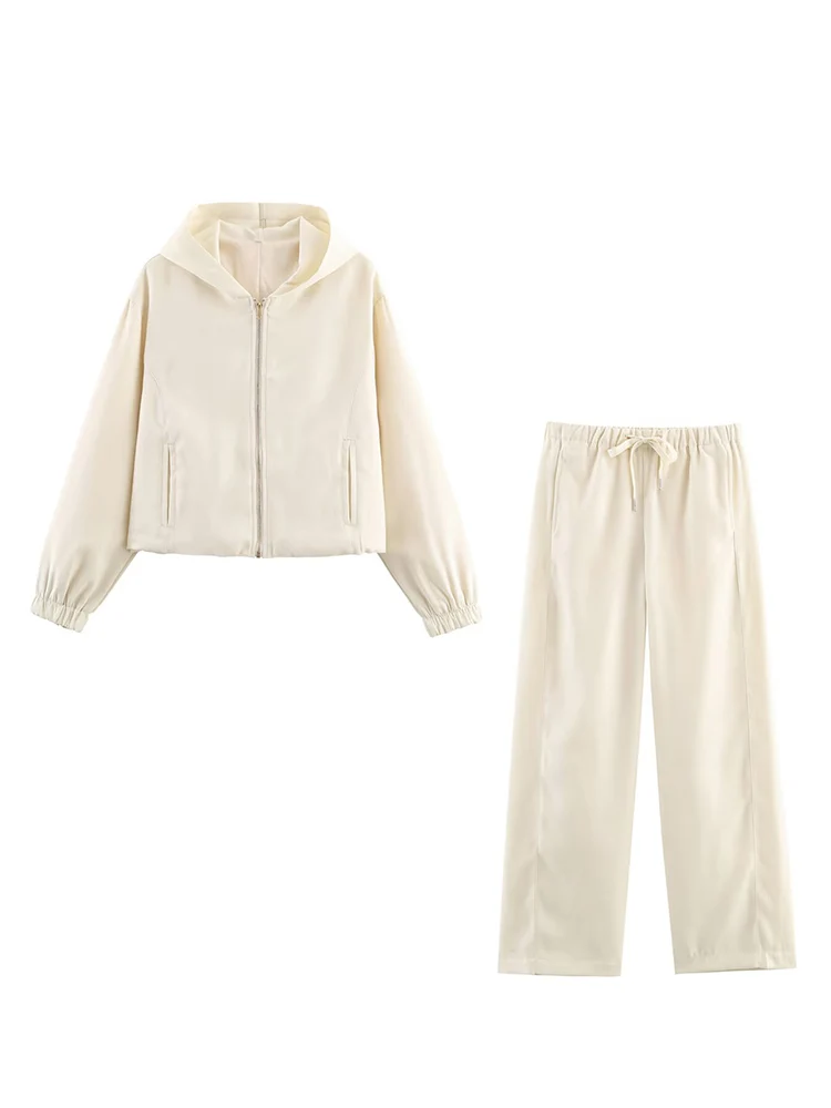 Women Casual Sweatshirt Pant Suit Long Sleeve Hooded Zipper Coats With Pocket Loose Straight Trousers Ladies Solid Sets