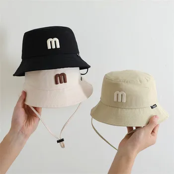 M Letter Children Basin Hat Fashion Kids Drawstring Fisherman Cap Solid Cotton Bucket Hats 1-4year Boy Girl Baby Sunshade Visors 1